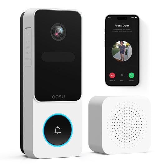 AOSU Doorbell Camera Wireless, 2.4G WiFi Video Doorbell with Chime, Head-to-Toe View,Intelligent Parcel Detection, Real Time Alert 2 Way Audio