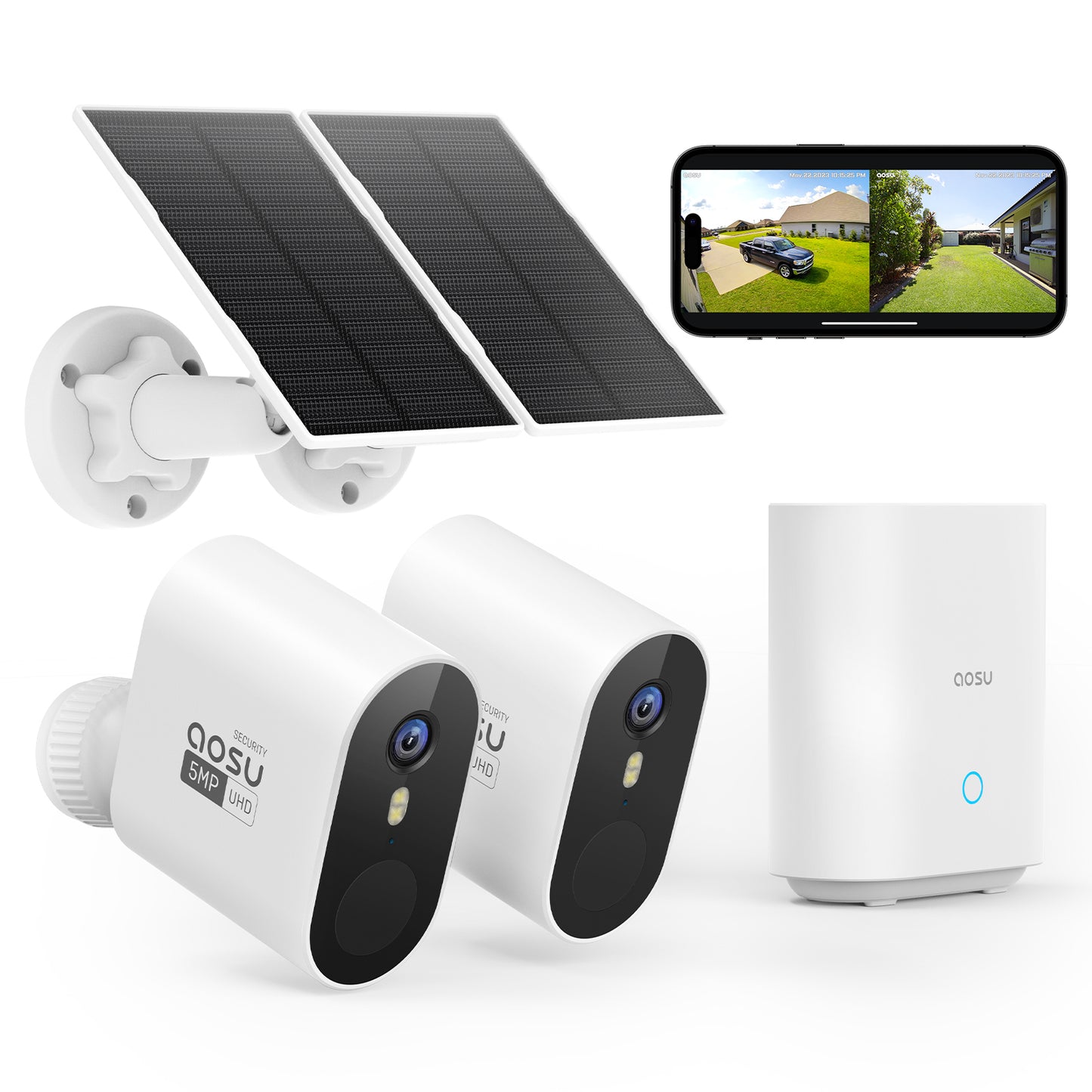 C7S 5MP Solar Security Camera with Base Station, AOSU Wireless Outdoor Camera W/ Spotlight Siren Alarm Motion Detection ,Expandable Local Storage, Home Surveillance System Camera